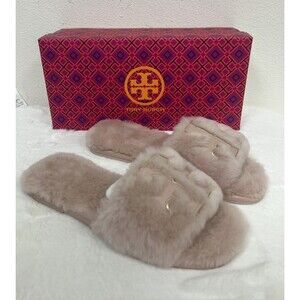 TORY BURCH SHEARLING SLIDE SANDAL SHELL PINK /GOLD TRIM DOUBLE LOGO SZ US 6 NEW